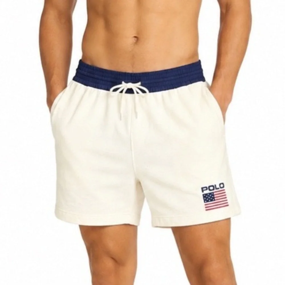 Polo Ralph Lauren Mens White Navy Blue American Flag Sweat Shorts L NWT